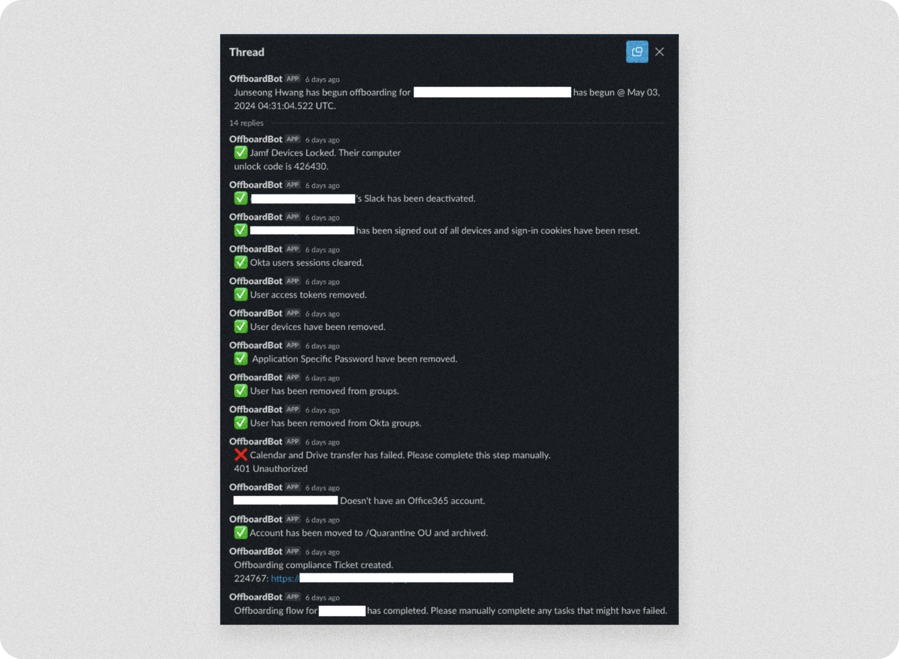 Slack for process visibility during offboarding