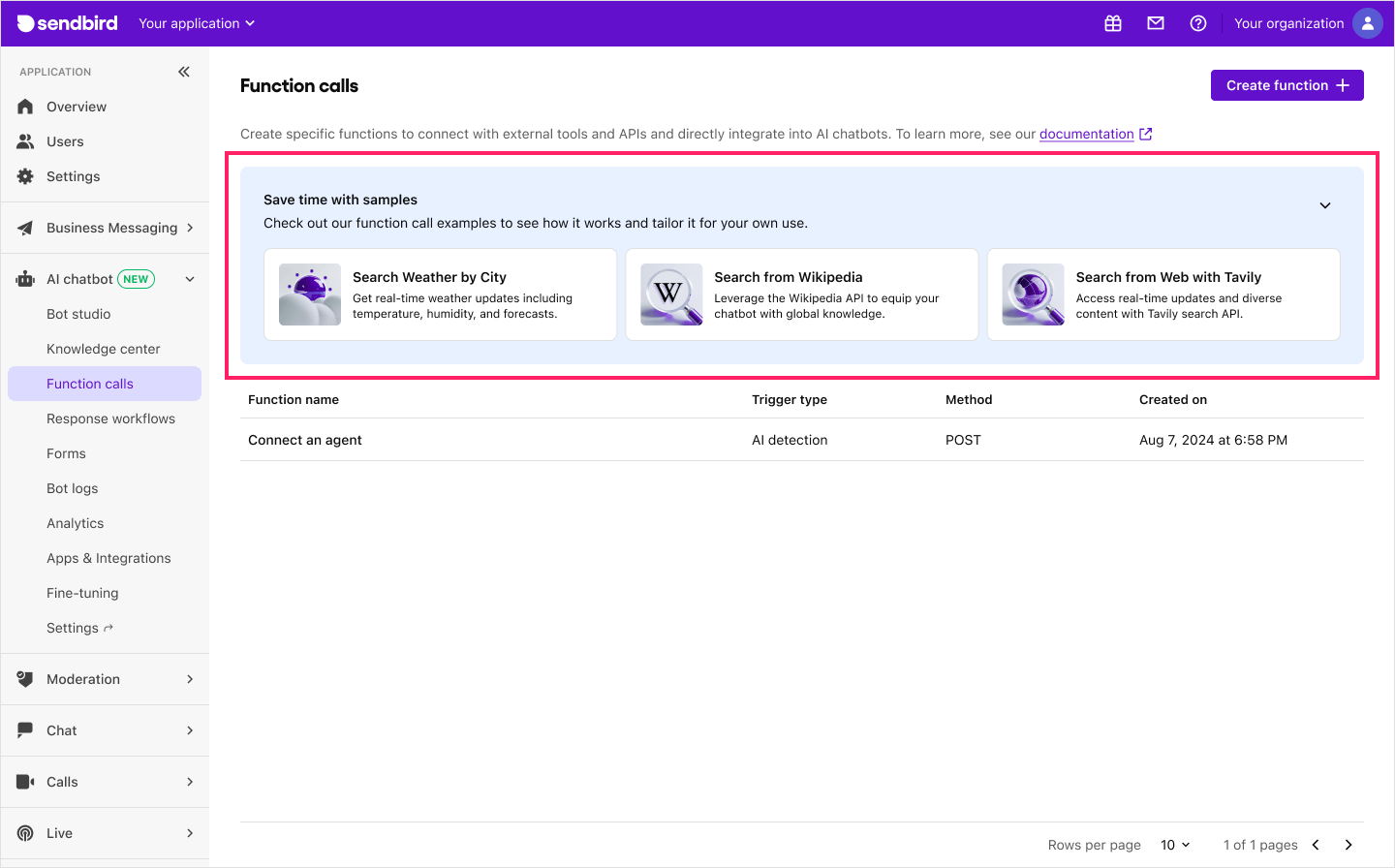 Image|Dashboard screen showing the function calls page with samples section highlighted.
